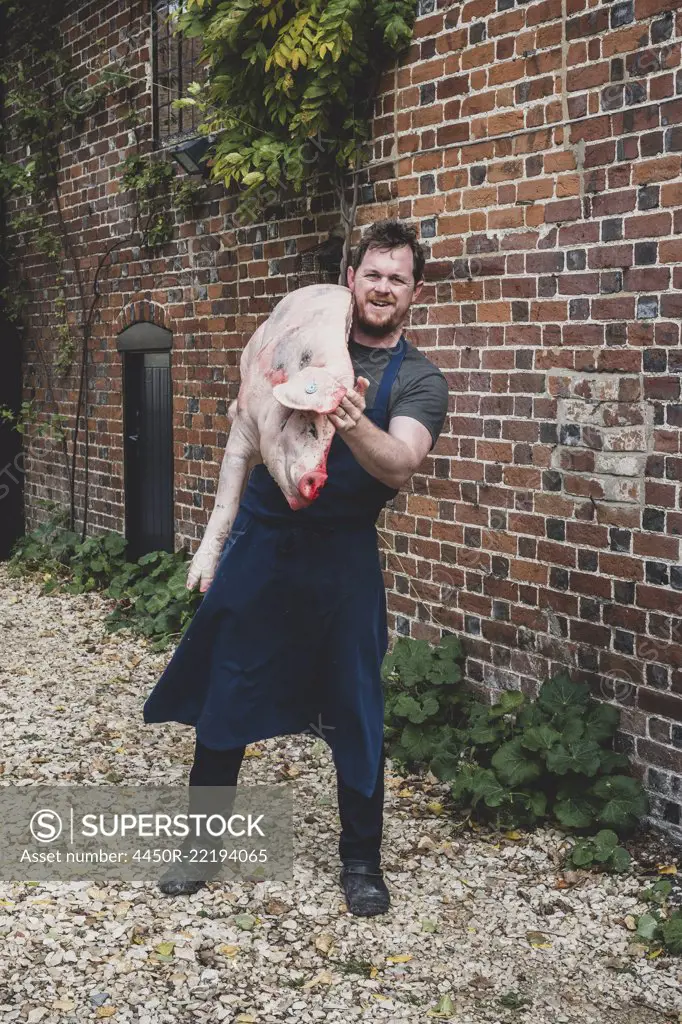 Male butcher wearing apron standing outdoors, carrying half a pig's carcass on his shoulder.