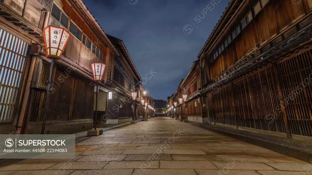 Lanterns and street at night in Higashi Chayagai, Kanazawa, Japan.