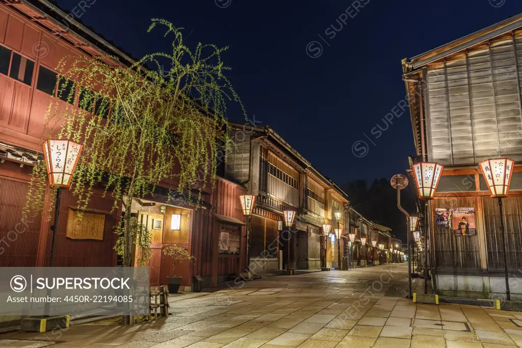 Lanterns and street at night in Higashi Chayagai, Kanazawa, Japan.