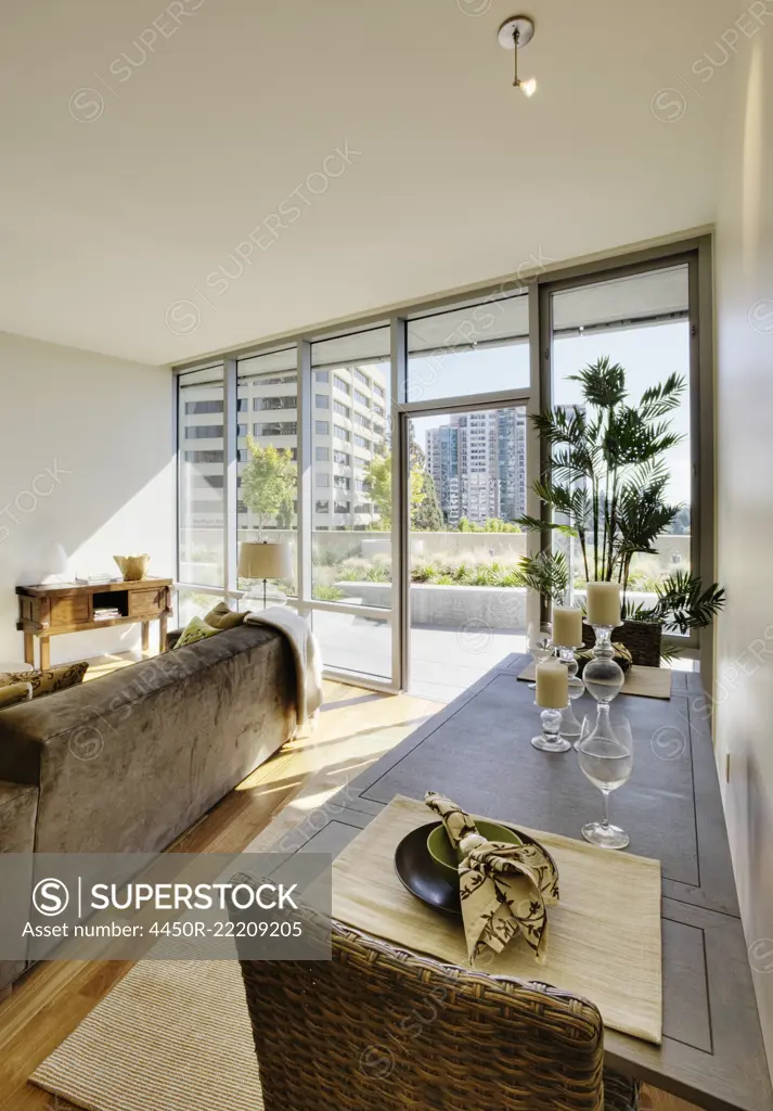 Living room and dining room in luxury highrise apartment