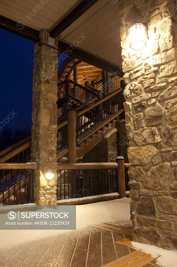 Snow Covered Countryside Hotel at Night