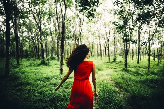 Rear view of young woman wearing red dress running in a forest.