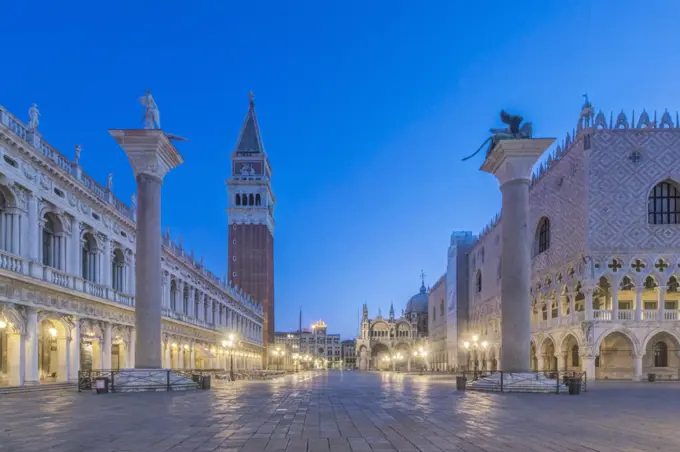 St Mark's Square lit up at night, Venice, Italy.