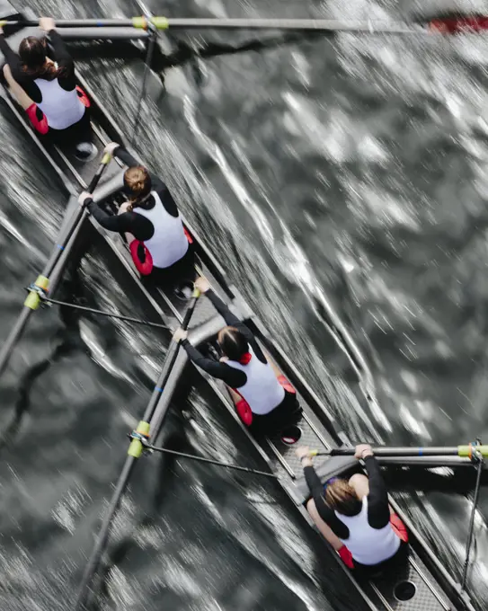 Overhead view of female crew racers rowing in an octuple racing shell, an eights team. 