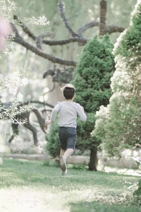 Rear view of a boy running across a lawn in a garden.