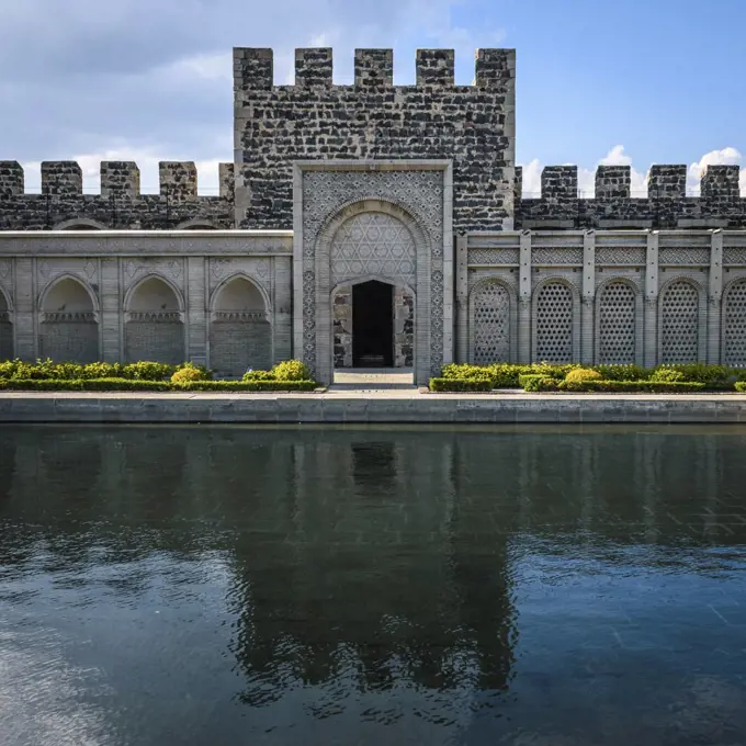 Exterior view of Rabati castle with battlements and arches, Akhaltsikhe, Georgia.