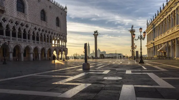 View across St Mark's Square, Venice, Italy, at sunrise.