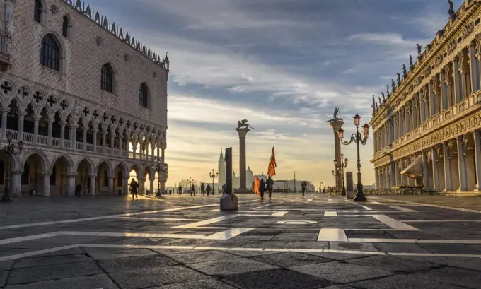 View across St Mark's Square, Venice, Italy, at sunrise.