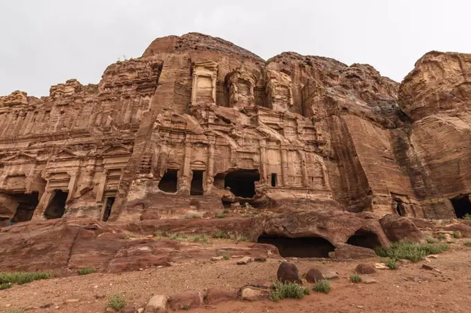 Exterior view of the rock-cut architecture at Petra, Jordan.