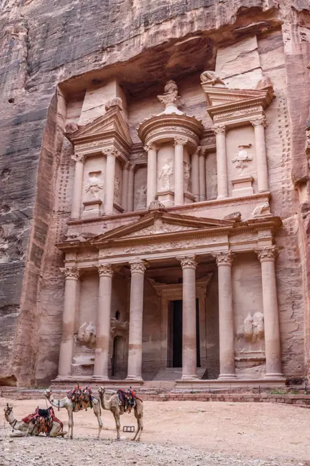 Exterior view of the rock-cut architecture of Al Khazneh or The Treasury at Petra, Jordan.