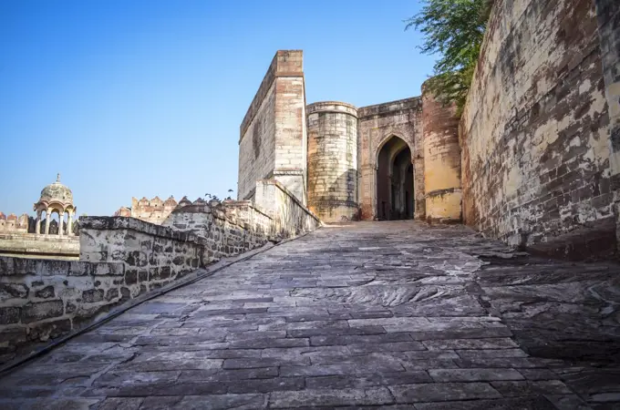 Exterior view of the 15th century Mehrangarh Fortress, Jodhpur, India.