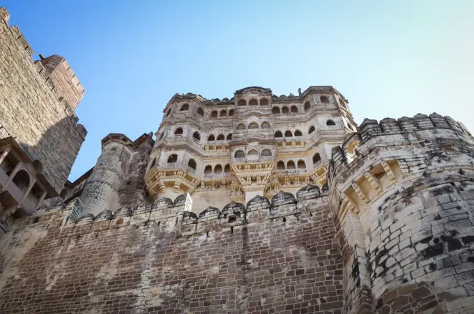 Low angle view of the 15th century Mehrangarh Fortress, Jodhpur, India.