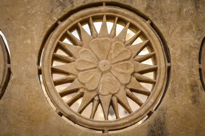 Architectural detail, carved sandstone in the historic hill fort buildings in Jaisalmer.