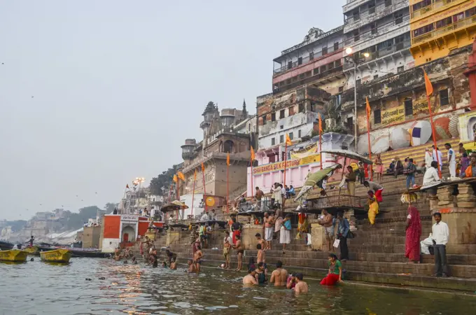 Crowds on the riverbank of the Ganges in Varanasi, India.