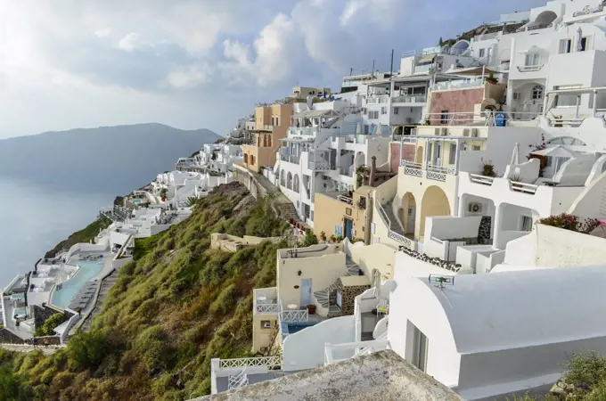 View of traditional whitewashed buildings on the island of Santorini, Greece.