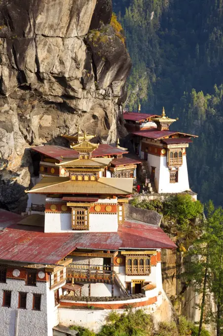 High angle view of Himalayan Buddhist sacred site and temple complex perched on a vertical rockface.