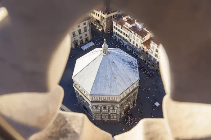 High angle view of the baptistry in Piazza del Duomo, Florence, Italy.