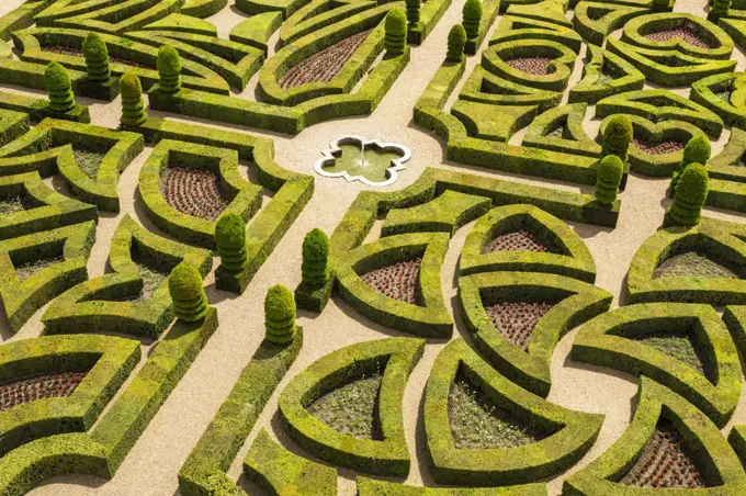 High angle view of parterre in the formal gardens of a baroque chateau.