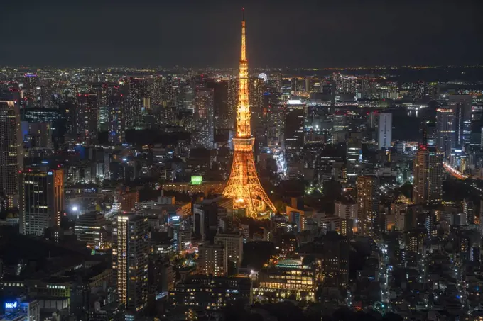 Cityscape of large city with illuminated skyscraper at night.