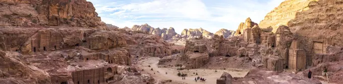 Panoramic view of  rock-cut architecture at Petra, Jordan.