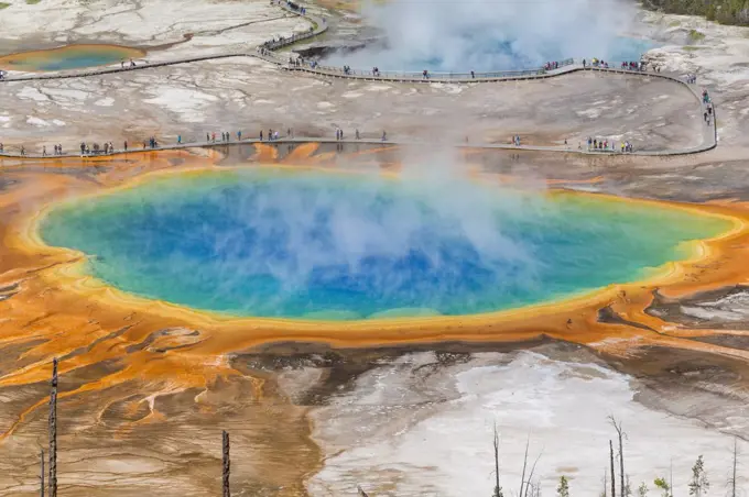 High angle view of Grand Prismatic Spring, Midway Geyser Basin, Yellowstone National Park, Wyoming, USA.