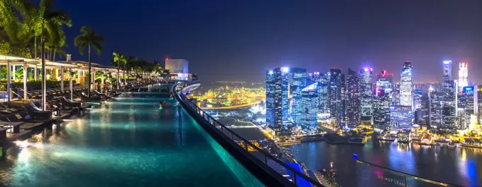 Evening view along illuminated infinity pool on roof terrace, cityscape with skyscrapers in the distance.