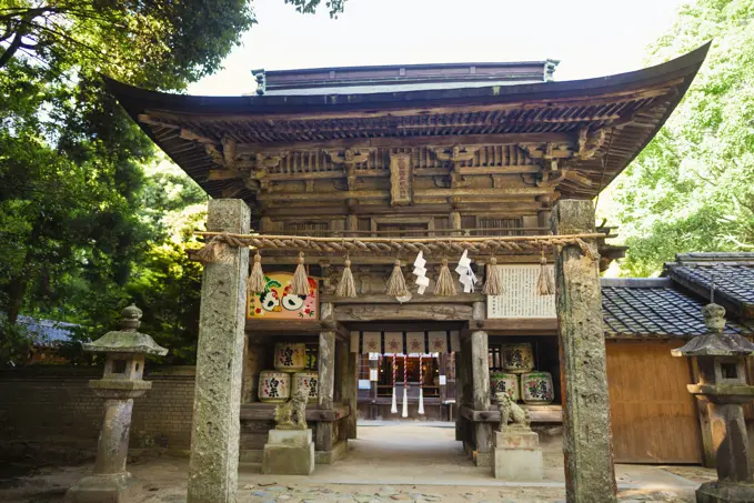 Exterior view of Shinto Sakurai Shrine, Fukuoka, Japan.