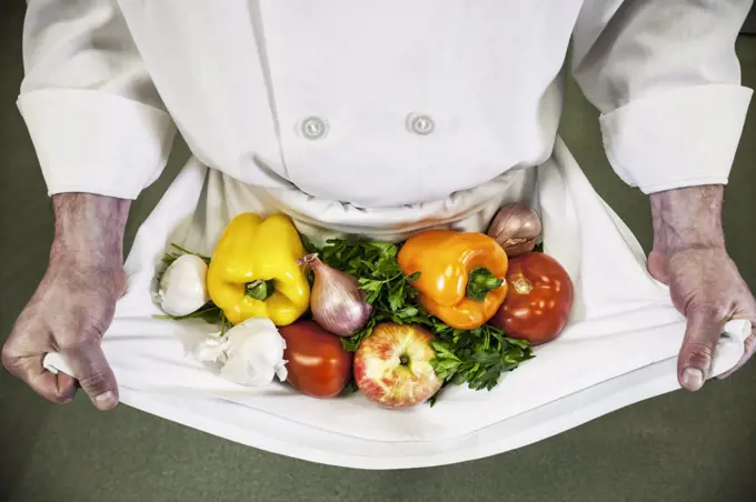 Close-up of chef holding an assortment of fresh vegetables in his apron. 