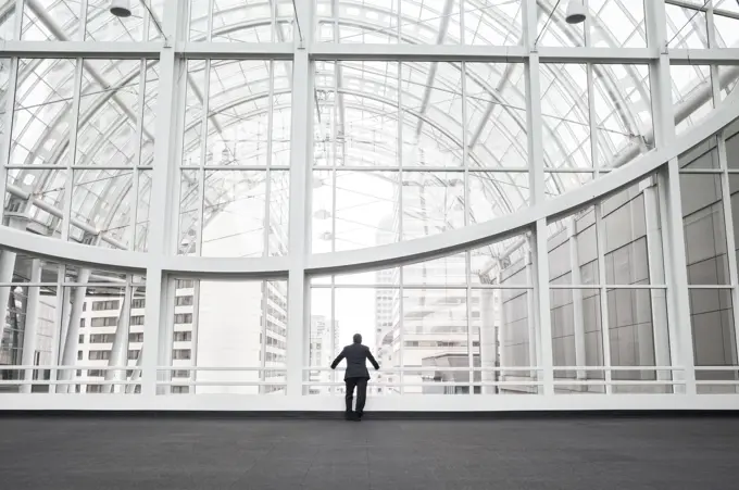 A man standing in an open space in a glass atrium in an office building, leaning on a railing, rear view.