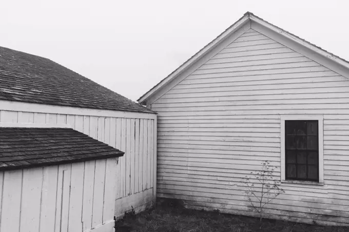 Outbuildings and barn on farm in dense fog in California, USA.