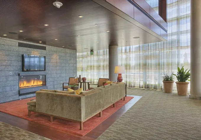 Sofa and fireplace in lobby