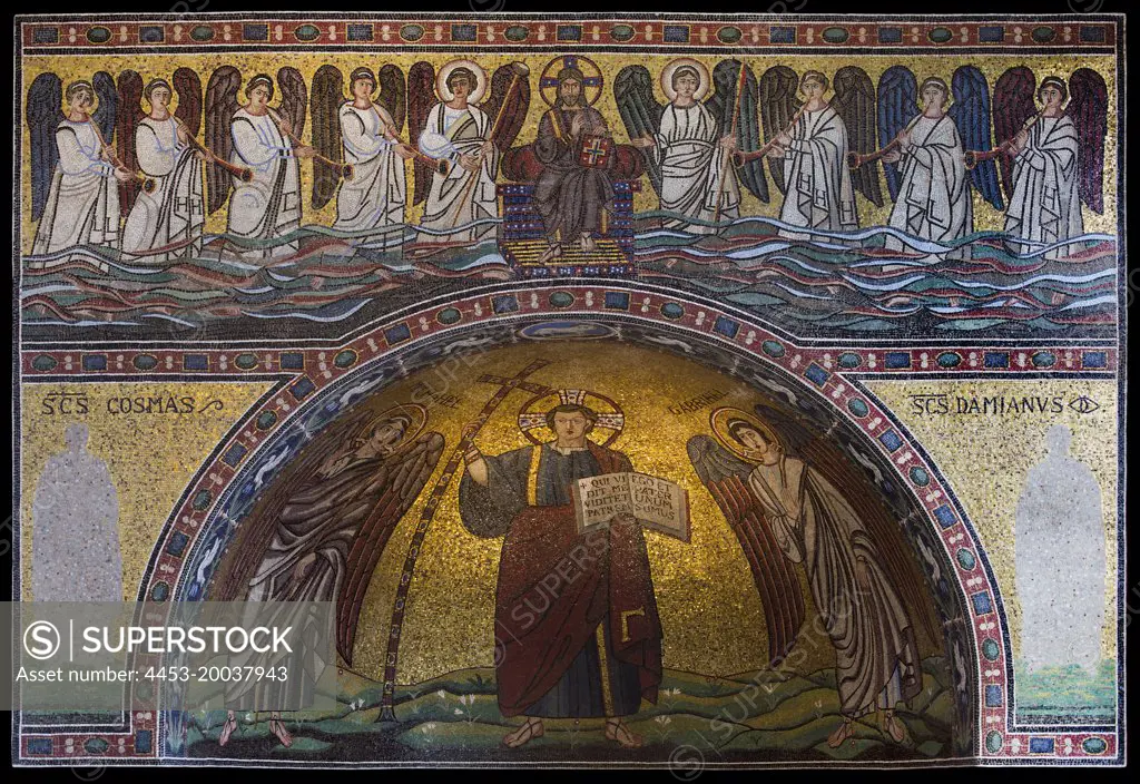 Tesserae of colored smalt and stone apse: Christus Victor with Archangels Michael and Gabriel end wall: Christ enthroned; Archangels and Angels 