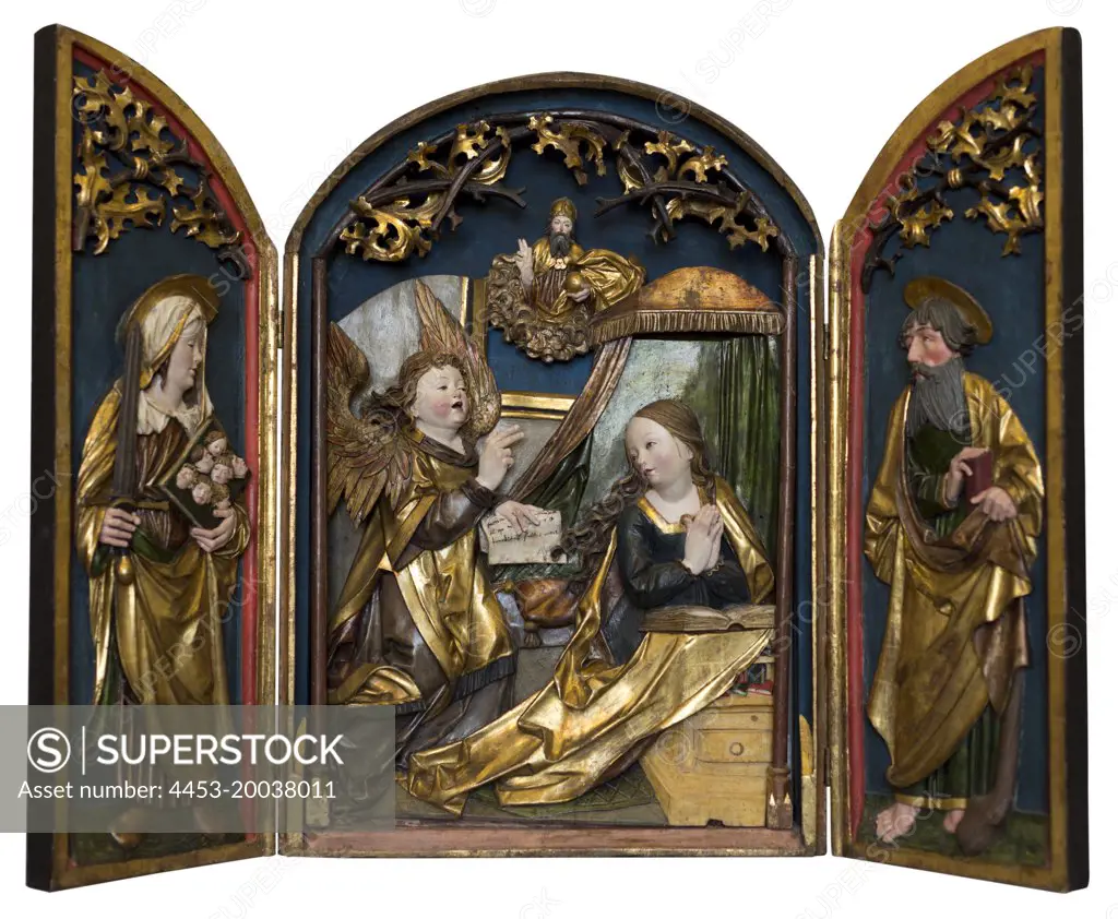 Winged Altarpiece: Annuniation to the Virgin; SS. Felicity and James the Lesser Reliefs; Lindenholz; original version. (Schwaben; iberach; about 1520; aquired 1911 Sculpture Collection)