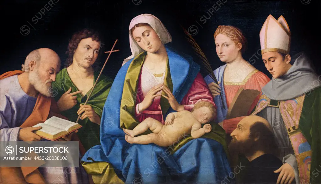 Mary; the child adoring; with Sts. Joseph; John d. T.; Catherine; Louis of Toulouse and the pacifier Lodovico Ariosto. (1474-1533). To 1512. (Vincenzo Catena; 1480 Venice; Venice -1531)