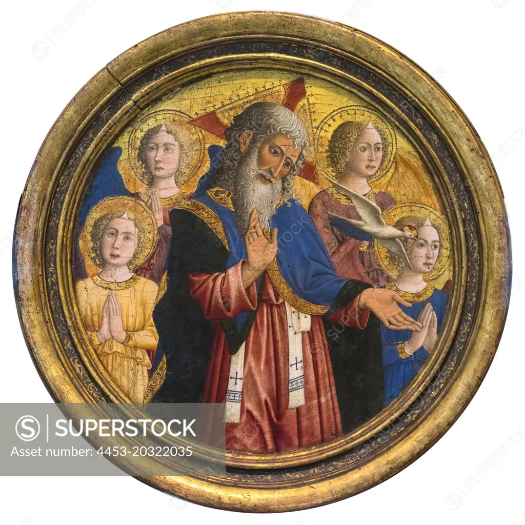 Tondo: God the Father with Four Angels and the Dove of the Holy Spirit; circa 1460 Tempera and gold on panel Giovanni Francesco da Rimini; Italian Bolognese; active 1441-70