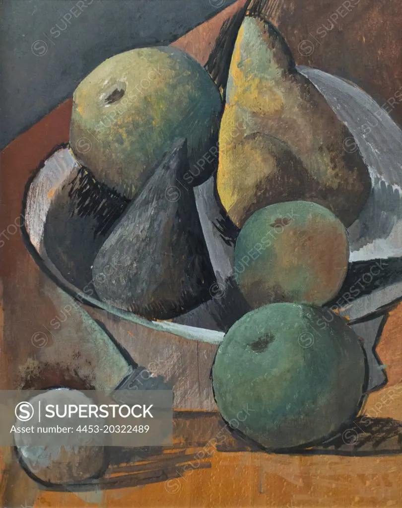 Fruit-bowl with Pears and Apples. (Pablo Picasso; 1881 - 1973; 1908; Oil on wood)