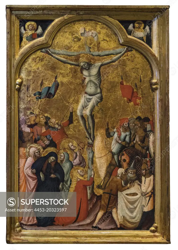 "The Crucifixion; with symbols of the Evangelists Matthew and John C. Tempera and tooled gold on panel by Vitale da Bologna (Vitale di Aimo degli Equi, or Vidalino Aymi de Equis), Italian (active Bologna), documented 1330 - 1359"