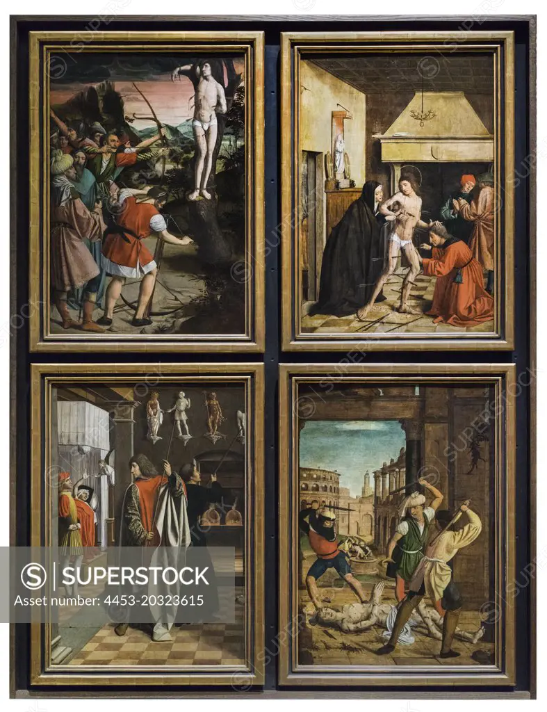 "Panels from an altarpiece with scenes from the Legend of Saint Sebastian c. 1497 Oil on panels by Josse Lieferinxe, French"