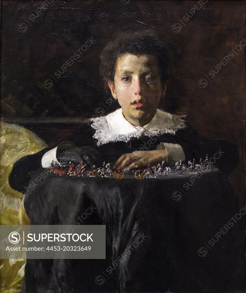 "Boy with Toy Soldiers c. 1876 Oil on canvas by Antonio Mancini, Italian, 1852 - 1930"