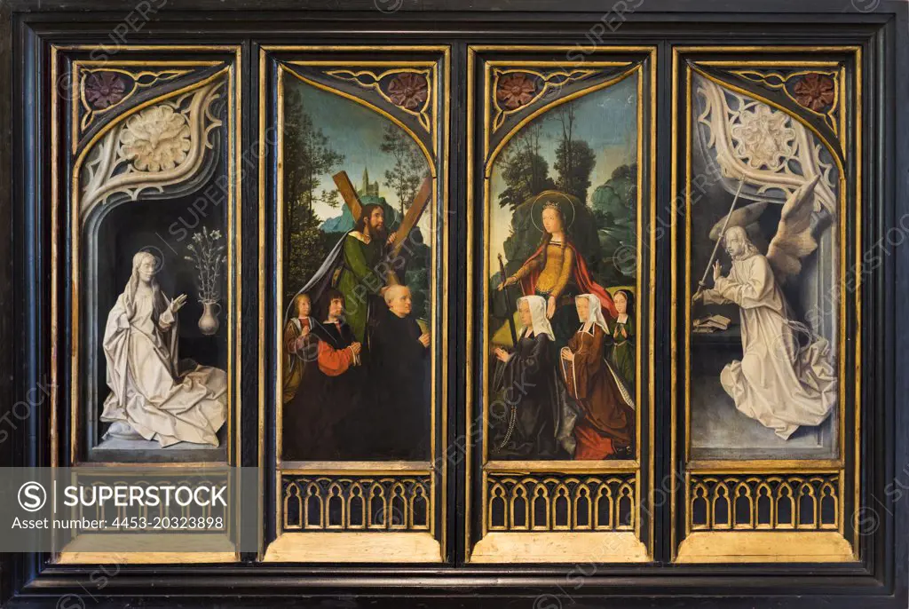 Wings from a triptych showing the Virgin of the Annunciation; the Apostle Andrew with a Donor and His Sons; Saint Catherine of Alexandria with a Donor and Her Daughters; and the Angel Gabriel c. 1510 Oil on wood artist unknown