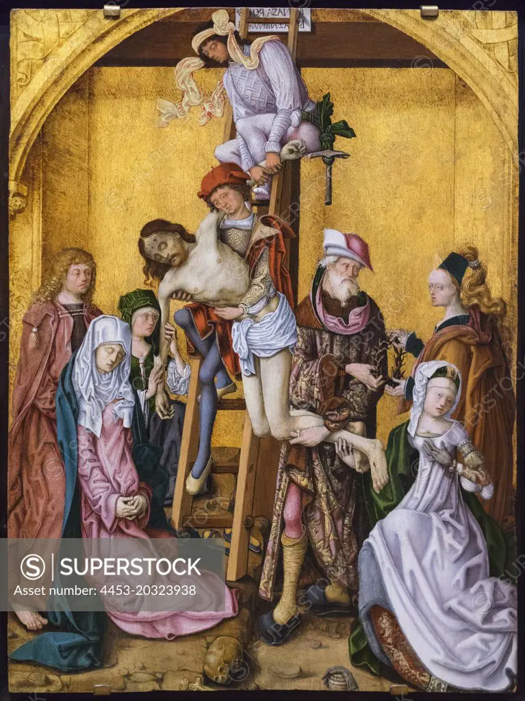 "The Descent from the Cross c. 1495 Oil on panel by Workshop of the Master of the Saint Bartholomew Altar, German (active Cologne), active c. 1470 - c. 1510"