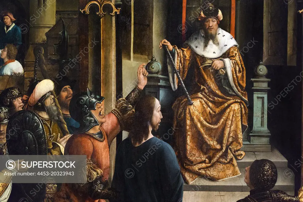 "Detail from Panel from an altarpiece showing Christ before Pilate; with Christ Led to Annas; the Mocking of Christ; the Denial by Peter; and Christ before Caiaphas c. 1520-40 Oil and gold panel by the Master of the Beighem Altarpiece, Netherlandish (active Brussels), active 1520 - 1540"