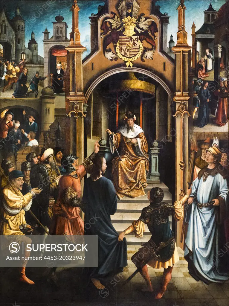 "Panel from an altarpiece showing Christ before Pilate; with Christ Led to Annas; the Mocking of Christ; the Denial by Peter; and Christ before Caiaphas c. 1520-40 Oil and gold panel by Master of the Beighem Altarpiece, Netherlandish "