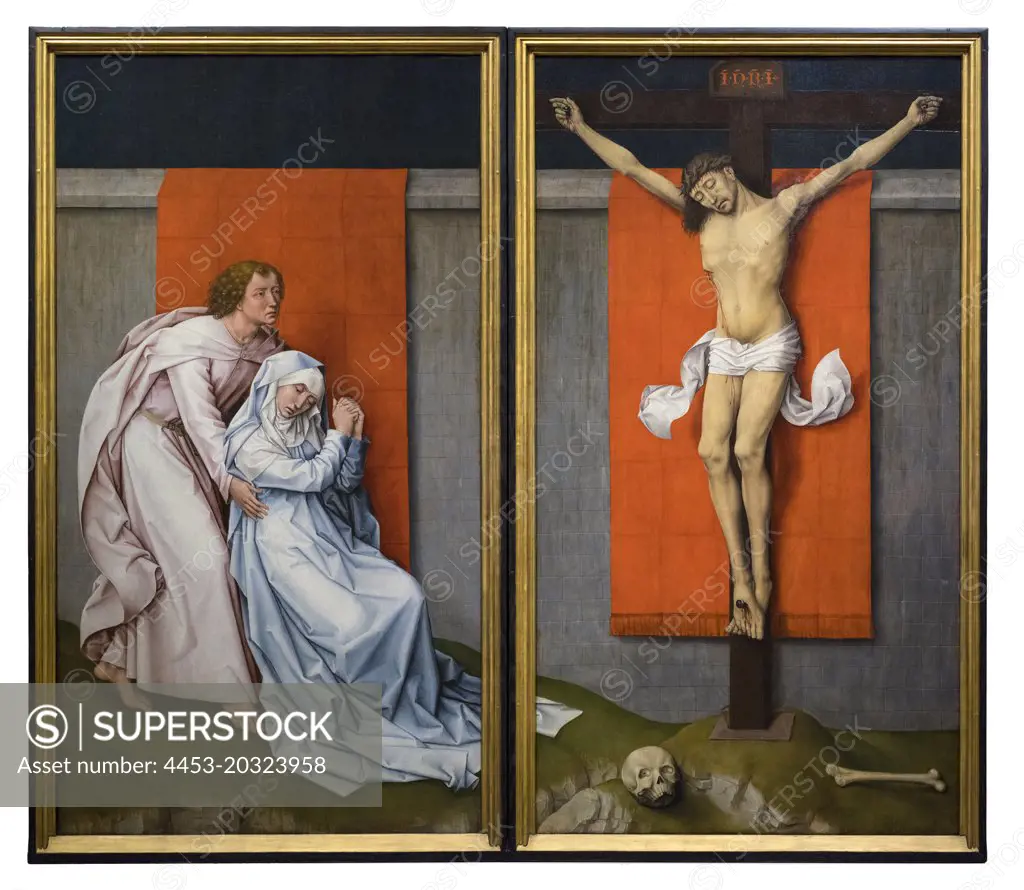 The Crucifixion; with the Mourning Virgin and Saint John the Evangelist c. 1460 panel by Rogier van der Weyden