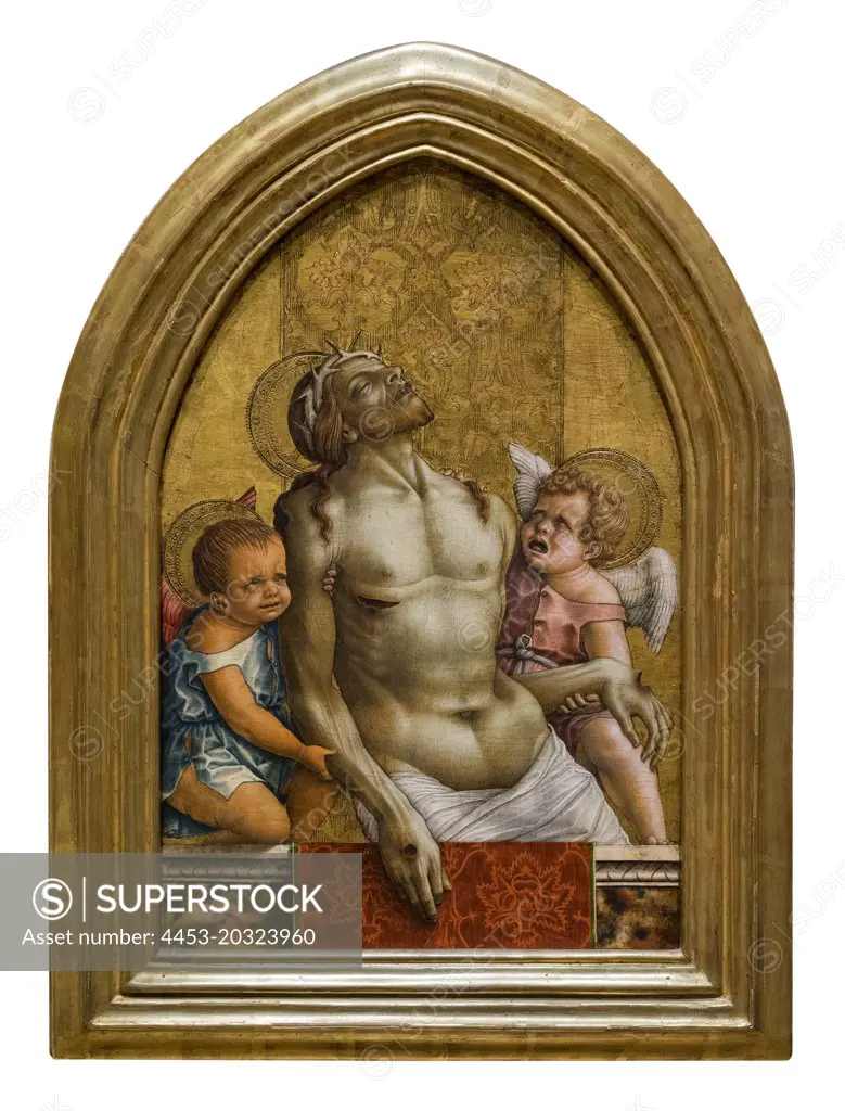 "Pinnacle from an altarpiece showing the Dead Christ Supported by Two Angels c. 1472 Tempera and tooled gold on panel by Carlo Crivelli, Italian"