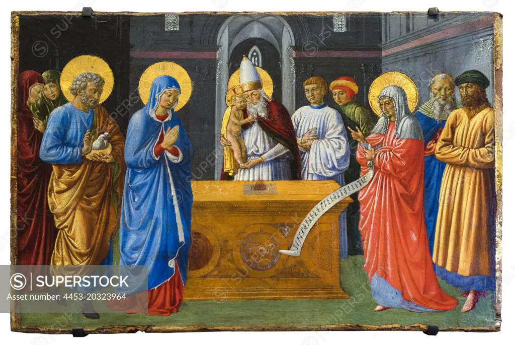 "Predella panel showing the Presentation of Christ in the Temple and the Purification of the virgin 1461-62 Tempera and tooled gold on panel by Benozzo Gozzoli (Benozzo di Lese di Sandro), Italian"