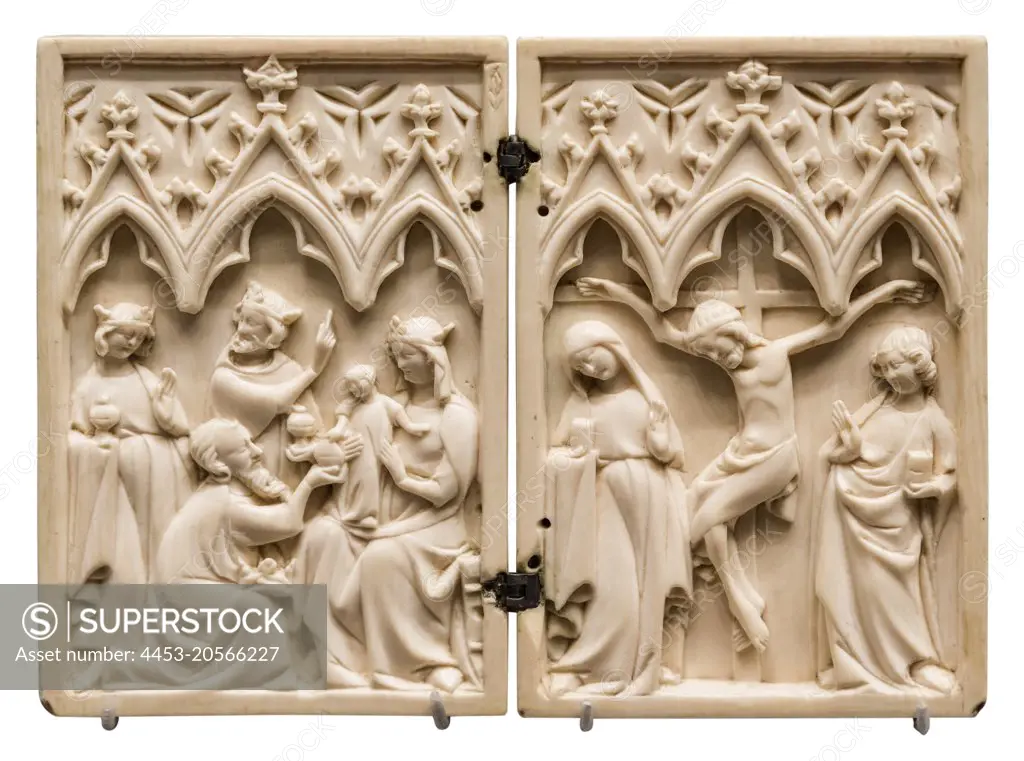 Diptych with the Adoration of the Magi and the Crucifixion; mid 1300s Ivory Unknown artist; French or German