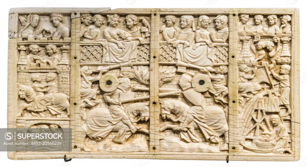 Casket Lid with an Eloping Couple; Knights Jousting; and the Allegorical; Attack on the Castle of Love; about 1340 - 50 Ivory Unknown artist; French (Paris)