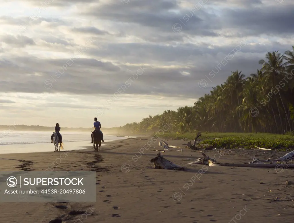 Couple riding horseback on tropical beach