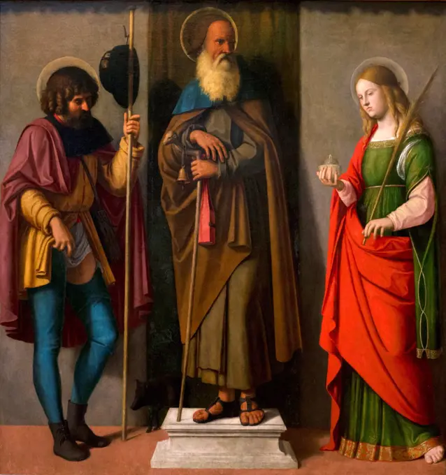 Cima da Conegliano (Giovanni Battista Cima); Italian; Conegliano ca. 1459-1517/18 Venice or Conegliano; Three Saints: Roch; Anthony Abbot; and Lucy; Oil on canvas.